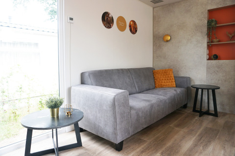 Salon de la Family lodge au Holiday park De Boshoek aux Pays-Bas, canapé gris et coussin orange.