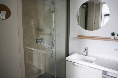 Modern badkamer met douche, wastafel, rond spiegel en plantje in Family lodge bij De Boshoek, Nederland.