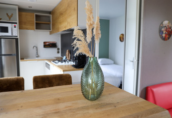 Cucina e sala da pranzo moderne in una Family Lodge al parco vacanze De Boshoek, nei Paesi Bassi.