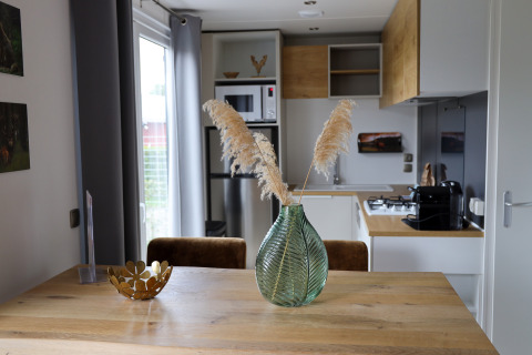 Cucina moderna e zona pranzo nella Family Lodge al parco vacanze De Boshoek, Paesi Bassi, con decorazioni eleganti.