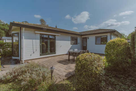 Buitenfoto van Wilbrink chalet bij Holiday park De Boshoek, Nederland, met terras, tafel en struiken.