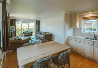 Sala de estar y cocina en el Wilbrink chalet del Holiday park De Boshoek, Países Bajos, con sofás y mucha luz natural.