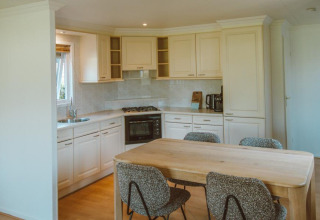 Moderne Küche und Essbereich im Wilbrink Chalet im Ferienpark De Boshoek, Niederlande, mit vier Stühlen.