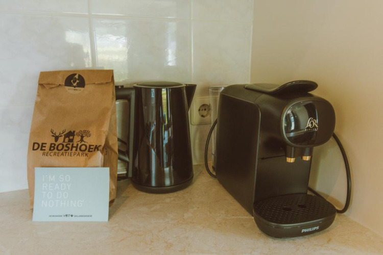 Rincón de cocina en Wilbrink chalet en Holiday park De Boshoek, con cafetera y hervidor de agua.