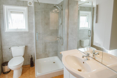 Modern bathroom with shower, toilet, and sink in Wilbrink chalet at Holiday park De Boshoek, the Netherlands.