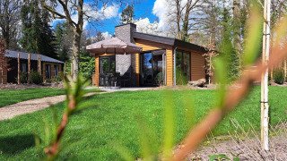 Moderne træhytte Hackfort Wood 6 med terrasse og parasol, omgivet af grønne træer og græsplæne.