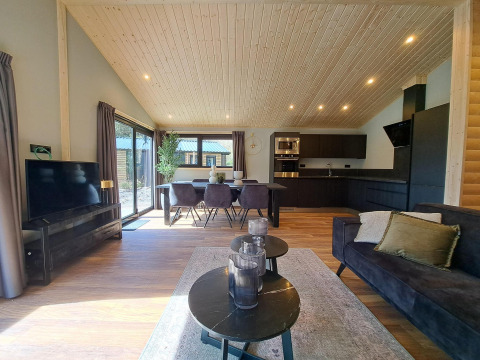 Moderne lodge med trægulv, spisebord, køkken og stor stue ved De Utrechtse Heuvelrug, Nederlandene.