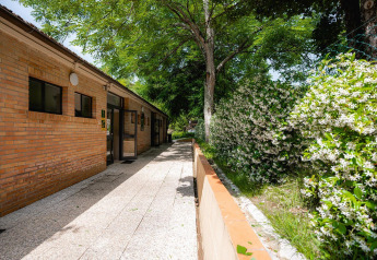 Pad naast een bakstenen gebouw en bloeiende struiken bij Camping Colleverde in Italië.