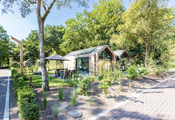 Casa pequeña y moderna Lodge Royal Eco rodeada de vegetación en Résidence Lage Vuursche, Países Bajos.