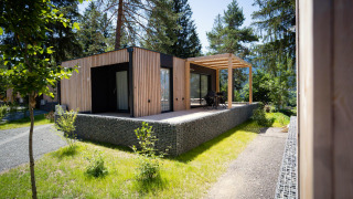Modern wooden cabin at Enzian lodge near Pressegger See, Austria, surrounded by lush greenery and forest.