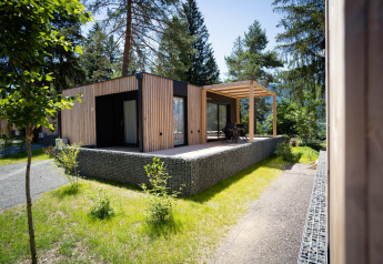 Moderne houten lodge bij Enzian aan de Pressegger See in Oostenrijk, omringd door groen en bos.
