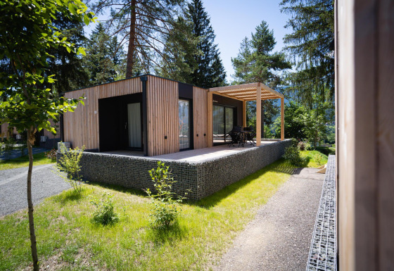 Moderne houten lodge bij Enzian aan het Presseggermeer in Oostenrijk, omgeven door groen en bomen.