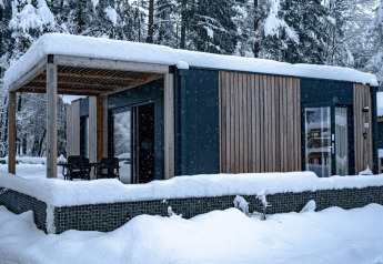 Moderna cabaña Enzian en Pressegger See, Austria, rodeada de bosque nevado en un paisaje invernal.