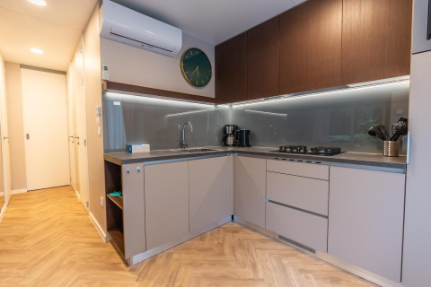 Moderne keuken in de Enzian-lodge aan de Pressegger See, Oostenrijk, met stijlvolle kasten en apparaten.