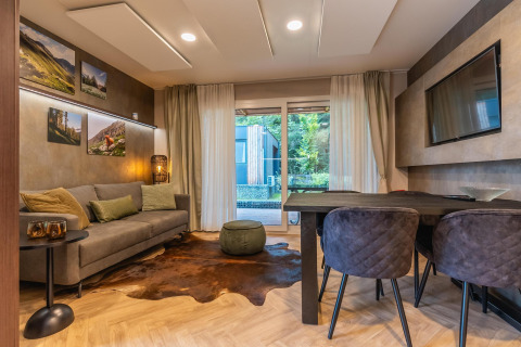 Moderne woonkamer in Enzian lodge bij Pressegger See in Oostenrijk met stijlvolle meubels en grote ramen.