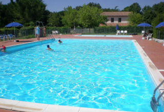 Piscina all’aperto presso Camping Monti del Sole, villaggio vacanze in Umbria, Italia, circondata dal verde.