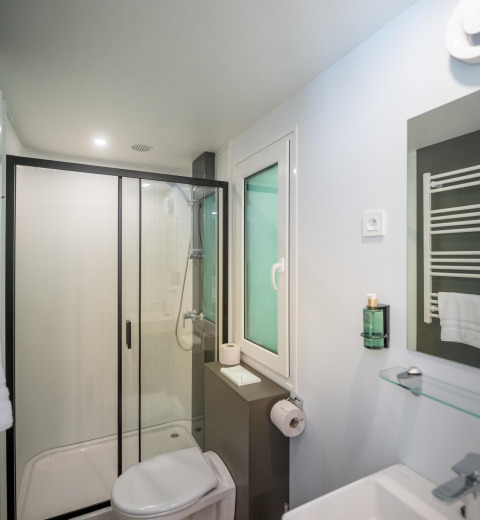 Baño moderno de Lodge con ducha, inodoro, ventana, toallero y espejo sobre el lavabo.