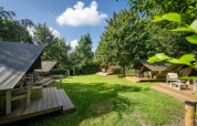 Glampingtelt XS ved Urban-Gardens Ieper i Belgien med træterrasser under grønne træer og blå himmel.