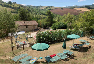 Solrige liggestole og grønne parasoller i naturen ved Camping Podere sei Poorte, Marche, Italien.