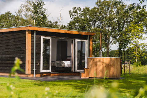 Panorama lodge con area wellness e vasca idromassaggio a Vakantiepark Hölte, Paesi Bassi, immersa nel verde.
