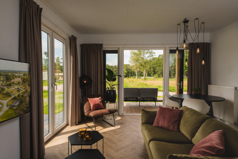 Bright living room in Panorama Lodge at Vakantiepark Hölte, Netherlands, modern décor and nature views.