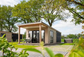 Panorama lodge with wellness and jacuzzi at Vakantiepark Hölte, surrounded by trees in the Netherlands.