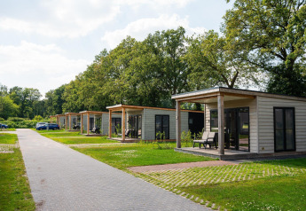 Filari di tiny house Panorama Lodge con wellness e jacuzzi al Vakantiepark Hölte, Paesi Bassi.