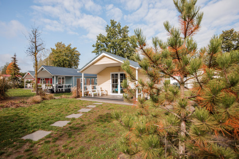 Photo of a lodge at Vakantiepark Leukermeer in the Netherlands, with cozy cabins, grass, and trees in view.