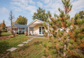 Foto van een lodge in Vakantiepark Leukermeer in Nederland, met chalets, gras en bomen op de achtergrond.