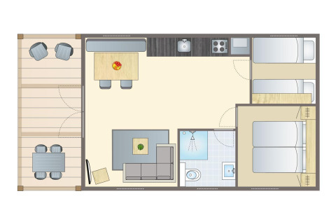 Floor plan of a lodge at Vakantiepark Leukermeer showing terrace, kitchen, living area, bathroom, and bedrooms.