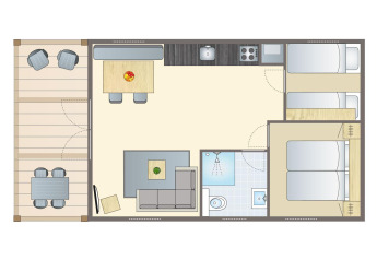 Grondplan van een lodge in Vakantiepark Leukermeer met terras, keuken, woonkamer, badkamer en slaapkamers.