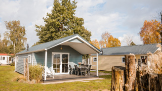 Outdoor view of a Lodge at Vakantiepark Leukermeer in the Netherlands, surrounded by trees and nature.