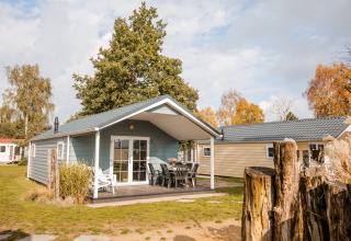 Buitenaanzicht van een Lodge in Vakantiepark Leukermeer in Nederland, omgeven door natuur en bomen.