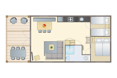 Floor plan of a lodge at Vakantiepark Leukermeer, Netherlands, showing living area, bedrooms, and terrace.