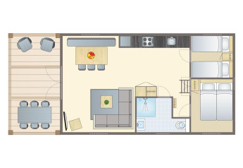 Plan d'une lodge au Vakantiepark Leukermeer, Pays-Bas, avec salon, chambres, cuisine et terrasse extérieure.