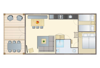 Planimetria di una lodge al Vakantiepark Leukermeer nei Paesi Bassi con soggiorno, camere e terrazza.