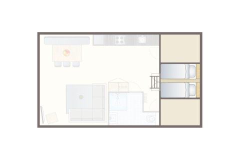 Grundriss einer Lodge im Vakantiepark Leukermeer in den Niederlanden mit Wohn- und Schlafbereich.