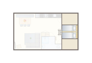 Grundriss einer Lodge im Vakantiepark Leukermeer in den Niederlanden mit Wohn- und Schlafbereich.