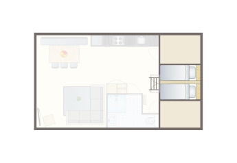 Plattegrond van een lodge aan Vakantiepark Leukermeer in Nederland met slaap- en leefgedeelte.