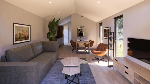 Moderne woonkamer in Beach House Zuid bij EuroParcs Enkhuizer Strand, stijlvol ingericht en comfortabel gemeubileerd.