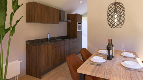 Moderne keuken en eetruimte in Beach House Zuid bij EuroParcs Enkhuizer Strand in Nederland, lichte sfeer.