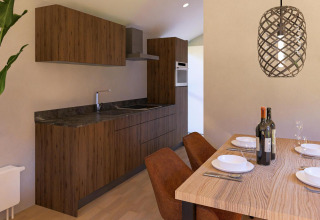 Moderne keuken en eetruimte in Beach House Zuid bij EuroParcs Enkhuizer Strand in Nederland, lichte sfeer.