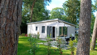 Forest Lodge De Mooie Plek al Bospark Markelo in Olanda, circondata da alberi e prato verde in un ambiente tranquillo.