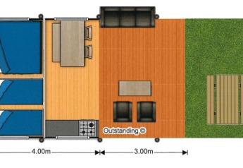 Plattegrond van Lodgetent Archeon Expedition safaritent met slaapkamers, leefruimte en buitenruimte.