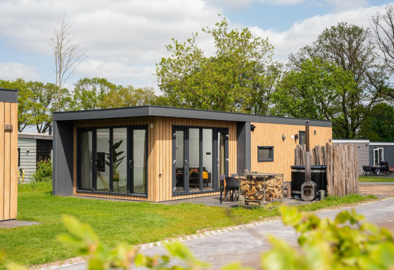 Modern Oak Lodge with hot tub at Vakantiepark Hölte in the Netherlands, surrounded by greenery