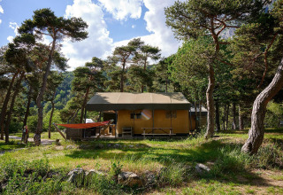 Safaritent Villatent Wood op Camping River in Frankrijk, omringd door bomen en groen onder een blauwe lucht.