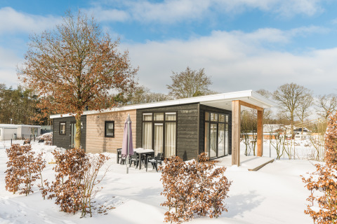 Lodge di lusso con sauna nella neve al Vakantiepark Hölte, Paesi Bassi, circondato da alberi e paesaggio invernale.