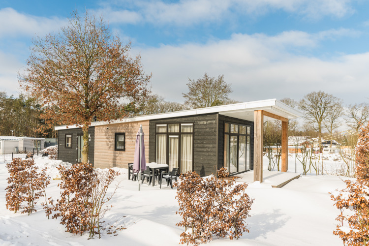 Luxe lodge met sauna in de sneeuw op Vakantiepark Hölte, Nederland, omgeven door bomen en een winterlandschap.