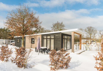 Lodge di lusso con sauna nella neve al Vakantiepark Hölte, Paesi Bassi, circondato da alberi e paesaggio invernale.
