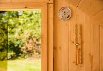 Interieur van een luxelodge met sauna, houten muur, thermometer en tuinzicht bij Vakantiepark Hölte.